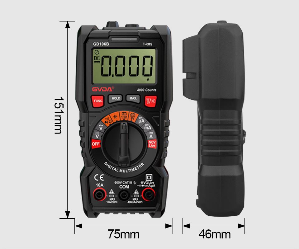 GVDA pwofesyonèl vre RMS multimèt dijital oto ranje 600V 10A ak 40M ohms kapa...